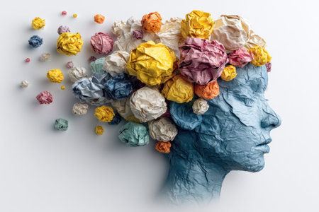 This artwork depicts a blue human head profile with a crown of vibrant, crumpled paper shapes. The image showcases various colors and textures, suggesting the complexity of thoughts. The bright, high-key lighting creates a clean look, suitable for visual concepts related to ideas and inspiration. The image lends itself to editorial and advertising uses.の素材
