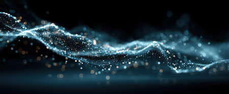 An abstract visual showcases flowing particles in shades of blue and white, with scattered bokeh effects. The composition emphasizes curves and movement against a dark backdrop. This imagery could be utilized for various applications, including design projects or conceptual illustrations related to technology.の素材