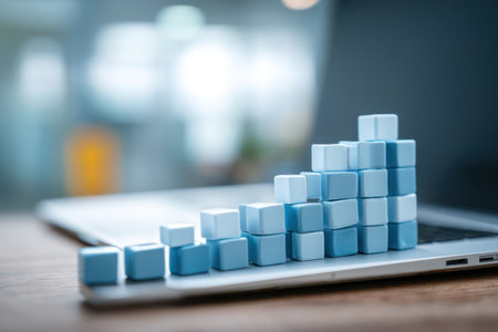 A close-up captures a stylized growth chart constructed of small, blue blocks. The chart sits on a laptop, indicating growth and progress. The image features a shallow depth of field, with soft focus on the background. This composition is suitable for illustrating concepts of business, finance, or data analysis.の素材