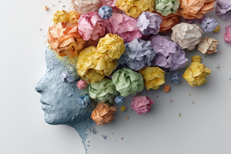 An artistic image presents a blue profile sculpture with a cascade of colorful crumpled paper elements. The composition showcases various colors and textures against a neutral background. This symbolic visual may be useful for various applications such as creative and conceptual projects, or educational resources.の素材