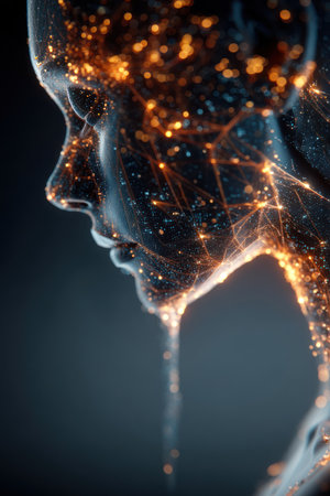 An artistic depiction of a human profile is revealed in this image. It showcases a form composed of transparent elements, adorned with radiant, golden particles that suggest connectivity and energy. The artwork is characterized by cool, dark tones and a textured, fluid appearance, possibly suitable for conceptual projects or illustrative applications.の素材