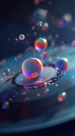 This abstract image features several spheres of various sizes that appear to float in a dark background. The spheres exhibit a spectrum of colors and reflective surfaces. The composition emphasizes depth and a blurred effect, with a focus on light play. It may be used for design concepts or visual effects.の素材