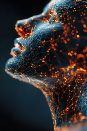An artistic digital portrait displays a person's profile with a network of glowing nodes. The composition features cool blue tones contrasted by warm orange light, suggesting connectivity. This graphic could be used to illustrate concepts related to technology, communication, or the digital world. The image offers various possibilities for commercial or design projects.の素材
