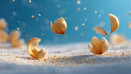 An abstract composition features stylized floral elements with a shallow depth of field. The image showcases soft, warm tones and a subtle interplay of light and shadow, set against a blurred blue background. Ideal for various creative projects, this image could be suitable for editorial or commercial purposes.の素材