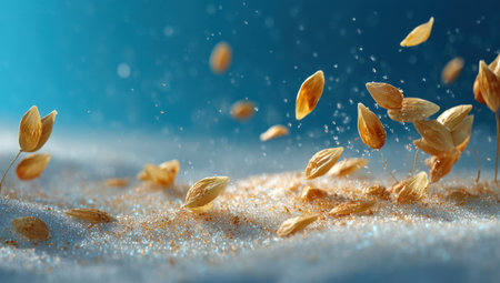 An artistic composition features golden seeds suspended against a blurred blue background. The seeds display varying sizes and positions. The image showcases a contrast of textures, from the smooth seeds to the background. This illustration is suitable for commercial and editorial purposes.の素材