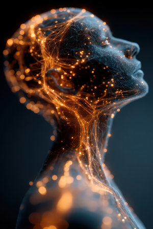 An artistic representation features a human head profile with glowing golden lines and points, overlaying a dark blue textured form. The image uses a low-angle shot, creating a visually compelling piece with soft lighting. This versatile artwork may be suitable for various commercial uses related to technology or conceptual themes.の素材