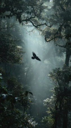 A dark, atmospheric image presents a bird in flight amidst a dense forest. The composition features tall trees, soft sunlight, and a diffused, misty background. The color palette emphasizes muted greens, blues, and blacks. This photograph could be used for various editorial and commercial applications.の素材