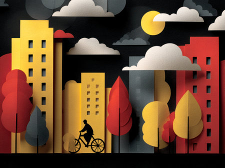 This graphic artwork portrays a cityscape with stylized buildings, trees, and clouds. A cyclist is featured in silhouette riding a bicycle. The composition utilizes vibrant colors such as red, yellow, and black. The artwork could be used for various commercial projects and editorial content.の素材