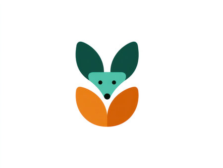 This image presents an abstract logo design featuring a fox constructed from geometric shapes. The design utilizes a contrasting color palette with teal, orange, and white against a clean background. The composition is simple, modern, and stylized, ideal for a variety of applications, suitable for branding and design projects.の素材