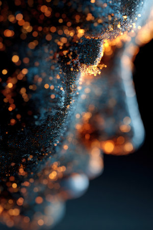 This image features a profile view of a human face constructed from numerous small particles, highlighted with a warm, glowing light. The composition highlights a modern digital aesthetic, possibly related to technology or data. Its artistic representation could be suitable for diverse commercial applications.の素材