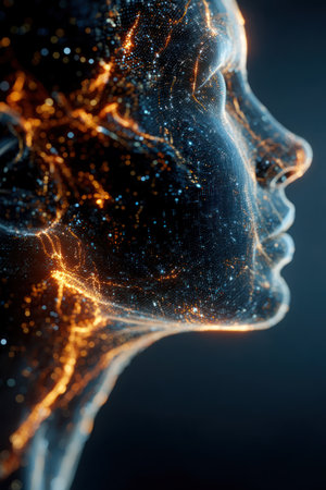 An abstract digital illustration showcases a human face profile constructed from glowing energy and light, set against a dark background. The artwork features vibrant colors, intricate textures, and dynamic composition, suggesting a futuristic or cosmic context. Suitable for various creative and conceptual applications.の素材