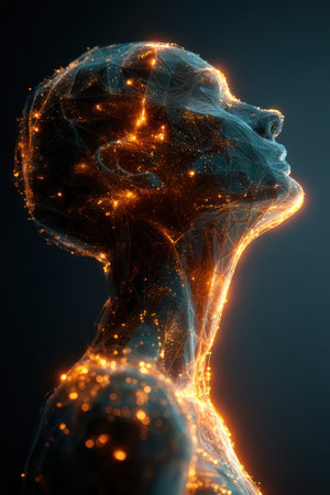 This digital artwork depicts a stylized human figure with a luminous, energy-like appearance, gazing upwards. The figure is rendered with teal and gold tones, suggesting an ethereal quality. The composition features soft lighting and a dark background, creating a sense of depth and mystery. Suitable for various creative and conceptual projects.の素材