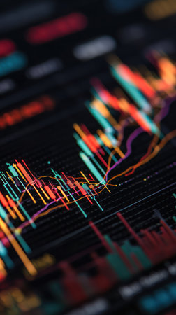 This image presents an abstract view of financial data, featuring colorful lines and charts against a dark backdrop. The composition highlights various trend lines with contrasting hues, suggestive of market fluctuations. It is suitable for commercial uses related to finance, data analysis, or technology, offering a modern and dynamic visual element.の素材