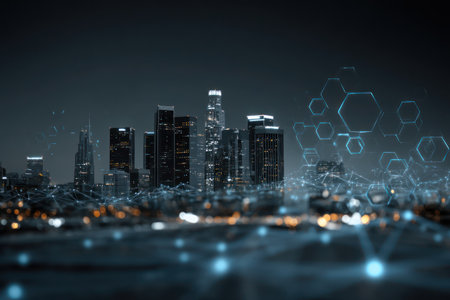 An illuminated cityscape is depicted against a dark backdrop. The image features tall structures illuminated with bright lights, hinting at a bustling environment. Digital networks are overlayed, with glowing lines and shapes suggesting technology and connectivity. The scene might be suitable for illustrating concepts of innovation or urban development.の素材