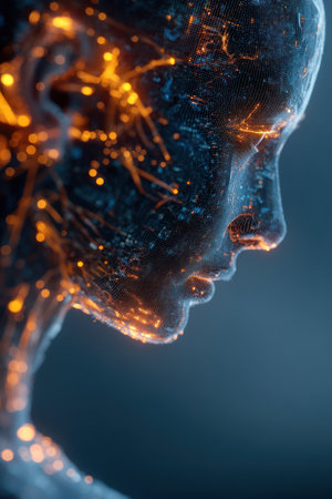 An artistic rendering features a human face with an intricate network of glowing lines and particles. The image showcases a blend of blues and oranges, suggesting a digital or futuristic aesthetic. The composition emphasizes depth, with a blurred background creating contrast. This image could be suitable for scientific illustrations or creative editorial content.の素材