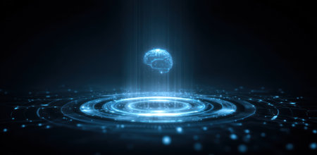 A digitally rendered image features a glowing brain above a circular structure. The composition uses shades of blue against a dark backdrop. The central focus symbolizes technology, and the futuristic design suits various editorial and commercial applications, such as science and innovation.の素材