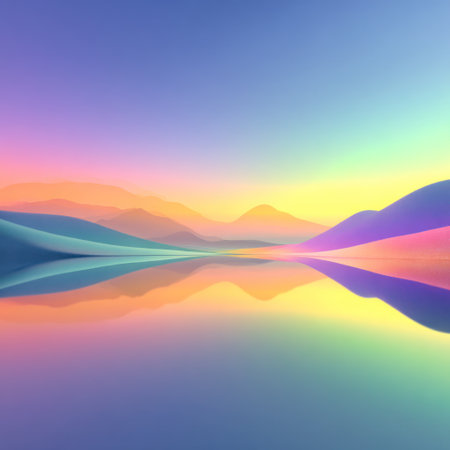 This abstract illustration presents a tranquil landscape with softly colored mountains reflected in the water below. The artwork features a gradient of hues, from blues to yellows and pinks, suggesting a sunrise or sunset. This image could be used for various design projects, including website backgrounds and print media.の素材