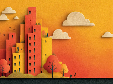 An abstract illustration presents a cityscape with colorful buildings and stylized trees. Fluffy clouds float against a gradient orange sky. The artwork uses a paper cut style. This image would be suitable for various commercial uses, including website design or editorial projects.の素材