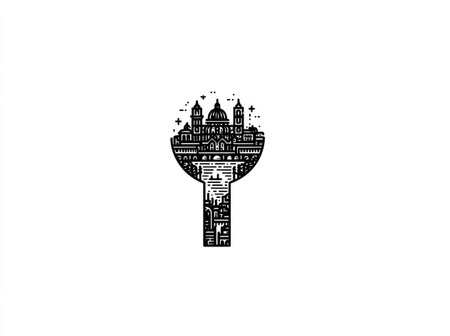 An abstract illustration presents a city skyline within a key outline. The monochromatic design features linear details creating architectural structures. Set against a white background, the image suggests concepts of access, protection, and security. Suitable for commercial projects requiring a clean and modern visual.の素材
