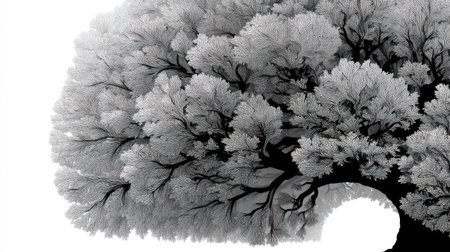 A close-up view presents a dense tree canopy illustrated in shades of gray, ranging from dark to light. The visual style is abstract with detailed textures, emphasizing the organic forms against a white background. Suitable for various design projects, this image may be used for commercial or editorial purposes.の素材
