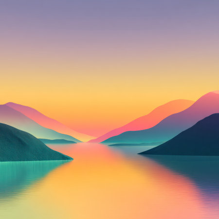 This image features a vibrant landscape with stylized mountains reflected in calm water. The composition showcases a gradient of colors including blue, green, orange, and purple hues. The style is minimalist with smooth textures. The artwork evokes a sense of serenity suitable for various commercial and illustrative projects.の素材