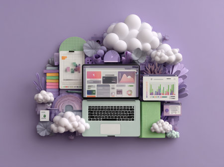 An abstract composition features a laptop, tablet, and various objects arranged against a purple backdrop. The image incorporates light colors and soft textures. Likely created in a studio setting, this image can be used for presentations or marketing materials, conveying technology or data-related themes.の素材