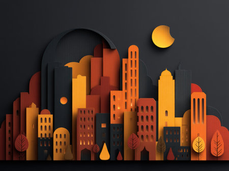 An artistic cityscape is depicted with paper-cut style buildings in various sizes and shapes. The artwork showcases autumnal colors, from warm oranges to deep reds, set against a dark background with an illuminated sun. Suitable for projects requiring a creative, urban theme, and could be utilized for various commercial and editorial applications.の素材