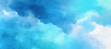 This watercolor artwork depicts abstract clouds in shades of blue. The composition features soft textures, creating a serene atmosphere. The image could be used for various projects, including website backgrounds, print designs, and artistic illustrations. It evokes a sense of calm and visual interest.の素材