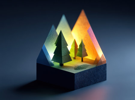 This image features a miniature landscape of stylized trees and geometric mountains. The scene utilizes various colors and textures, suggesting a fantasy or conceptual environment. The composition employs overhead lighting and a dark background. This could be useful for designs, illustrations, or projects needing a creative visual.の素材
