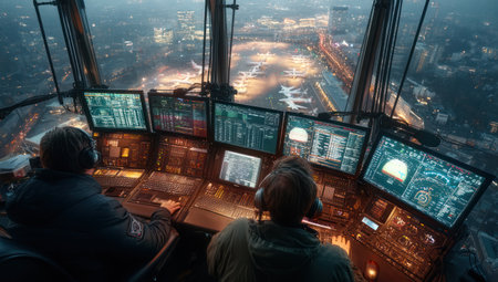 Two individuals, wearing headsets, are positioned within a control tower, focused on multiple computer screens displaying data and visuals. The scene is illuminated by the glow of the screens and city lights visible outside. Suitable for commercial applications such as articles related to technology or aviation.の素材