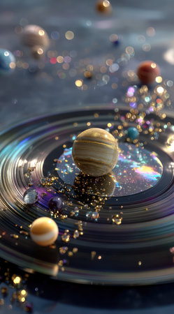 This image showcases an artistic arrangement of spherical objects resembling planets, surrounded by sparkling elements and a blurred bokeh effect. The composition employs a dark color palette with iridescent highlights. It could be suitable for visual content in projects related to fantasy, science, or conceptual designs, perfect for a wide range of uses.の素材