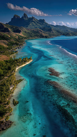 An aerial perspective showcases a vibrant turquoise lagoon meeting the lush green slopes of a mountain. The image features a bright, sunny day, highlighting a coastline with diverse vegetation. This scene is suitable for use in travel, tourism, and environmental publications, or as a backdrop for various creative projects.の素材