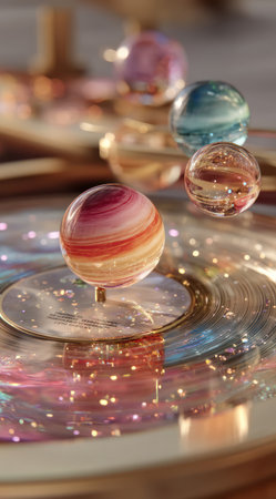 This image presents several vibrant glass spheres resting upon a metallic, reflective surface. The spheres display a variety of colors and patterns, while the surface reflects the spheres and its surroundings. The scene is illuminated by diffused light, with potential applications in design projects or visual content.の素材