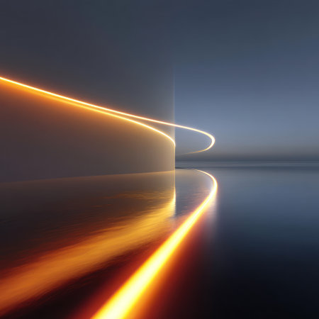 An abstract composition features curving light trails against a dark, gradient background. The warm orange and yellow illumination contrasts with cool blues, suggesting a reflective surface. This image's minimalist style and clean lines are suitable for various creative applications and visual storytelling.の素材