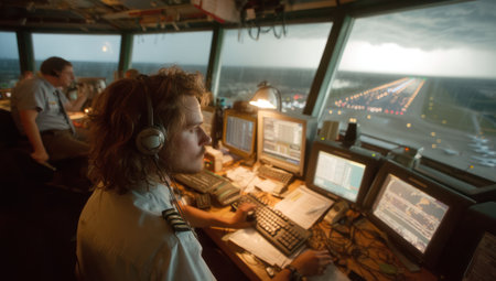 An air traffic controller monitors computer screens and communications equipment within a control tower. The image displays the interior environment with soft lighting and a focus on the controller's task. The runway and surrounding landscape are visible through the large windows. Suitable for commercial and editorial applications related to aviation.の素材