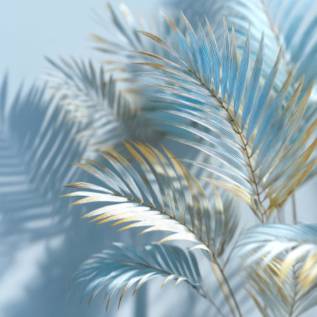 This image features detailed palm fronds in shades of blue and gold, casting soft shadows on a matching backdrop. The composition showcases a close-up perspective, highlighting textures and shapes. The lighting suggests an indoor setting. This image could be used for various design projects or marketing materials.の素材