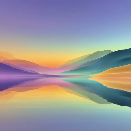 An abstract, colorful landscape depicts layered mountains and their reflection in the water below. The image features a gradient of colors from warm orange and yellow to cool blues and purples, suggesting a sunset or sunrise. This artistic representation could be used for various design projects and visual content.の素材