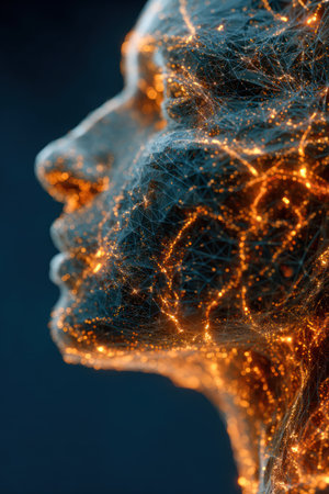 An artistic portrait profile features a textured surface highlighted by vibrant orange and gold light patterns. The image shows a detailed close-up, the play of light and shadow giving a 3D effect. Suitable for science, technology, and conceptual illustrations.の素材