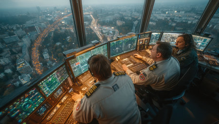 Inside a control tower, three individuals are engaged in monitoring multiple computer screens. The scene is illuminated by ambient light, with a vast city visible through the large windows. The image showcases technology, teamwork and urban environment. Suitable for commercial and editorial purposes.の素材