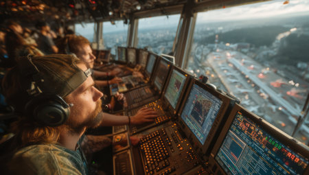 Inside an air traffic control tower, individuals monitor flight operations. The scene features multiple computer screens, control panels, and a panoramic view of an urban environment. Lighting suggests a daytime setting. Suitable for projects related to aviation, technology, or urban planning. Potential uses include editorial and commercial applications.の素材