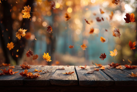 Fallen leaves of various colors cascade onto a weathered wooden table, set against a softly blurred backdrop of a forest. The composition features warm tones, textured surfaces, and natural lighting. This image may be suitable for advertising, website design, or other creative projects.の素材