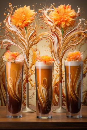 Four tall glasses showcase a rich, amber-colored beverage. They are adorned with an intricate, floral design. The background features a detailed, ornamental arrangement with orange and gold elements. This image has an artistic flair suitable for decorative purposes or creative projects.の素材