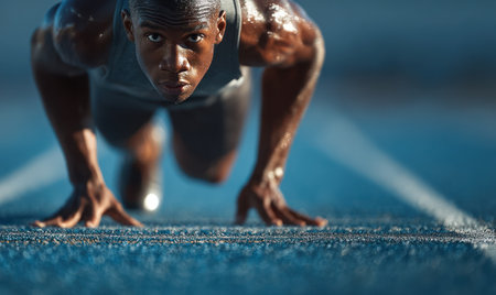 An athlete is captured in a low-angle shot, poised at the starting line. The image features a dark-skinned individual with a focused expression. The color palette includes shades of blue and brown, emphasizing the track and the athlete. The lighting suggests an outdoor environment, ideal for various editorial and commercial applications.の素材