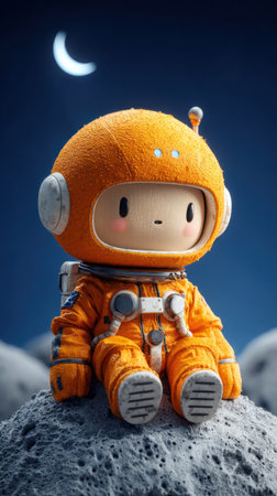 An astronaut cartoon character is depicted sitting on a lunar surface. The image presents a vibrant, colorful style with soft lighting. The scene suggests an outer space setting, perhaps for children's books or educational materials. The artwork provides potential for various commercial applications.の素材
