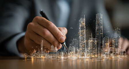 A close-up view shows a hand holding a pen, sketching a holographic cityscape. The image features a blend of light and shadow, with a focus on lines and glowing details. This composition suggests a modern, innovative design, ideal for architectural concepts or technology-related presentations. Suitable for commercial and editorial purposes.の素材