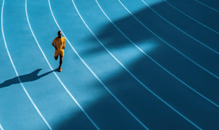 An athlete wearing yellow attire runs on a blue track, creating a dynamic composition. The image showcases lines and shadows, highlighting the subject's form and movement. The scene is lit with natural overhead lighting, suggesting an outdoor environment. Suitable for commercial and editorial purposes.の素材