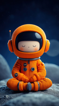 An astronaut figure is depicted in a meditative pose. The figure is clad in a vibrant orange space suit. The image utilizes a digital illustration style. The scene suggests an outdoor context, possibly during nighttime. This image is suitable for various commercial uses, including website design or editorial content.の素材