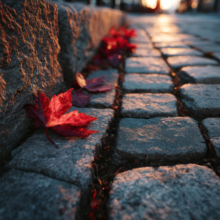 A close-up view presents fallen red leaves resting on an old, weathered cobblestone path, alongside a rock wall. The scene is bathed in warm, golden light suggestive of either dawn or dusk. The textured composition and color palette offer versatile appeal for various commercial and editorial applications.の素材