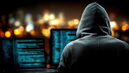 An anonymous figure in a hooded sweatshirt is focused on illuminated computer screens. The scene is set in a dimly lit environment, possibly indoors, with blurred lights in the background. The visual style suggests a modern or digital context, appropriate for illustrations or concept designs related to data or technology.の素材