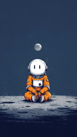 An astronaut is depicted seated cross-legged on a moon-like surface, looking up at a distant celestial sphere. The illustration employs a cartoon style with vibrant orange and white hues against a dark blue background. The overall composition suggests a sense of calm reflection in an outer space environment, ideal for various editorial and promotional purposes.の素材